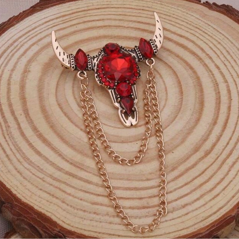 Western Brooch Elegant Faux Red Diamonds & Gold Longhorn Brooch Cowboy Cowgirl